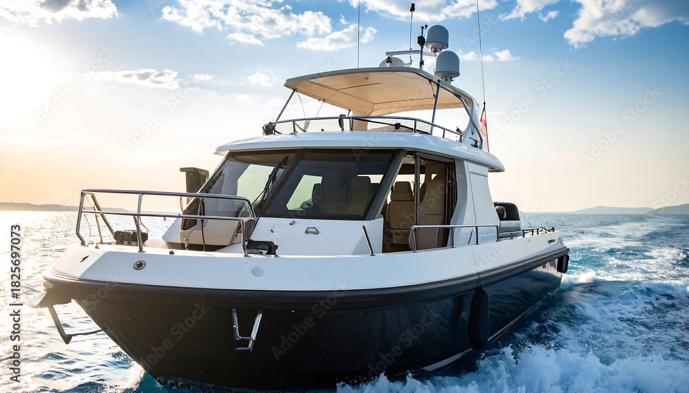 Naklejka premium White motorboat on water at sunset