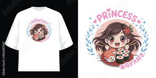 princess anime girl eating sushi design cute japanese food lover t shirt graphic t shirt design vector illustration artwork
