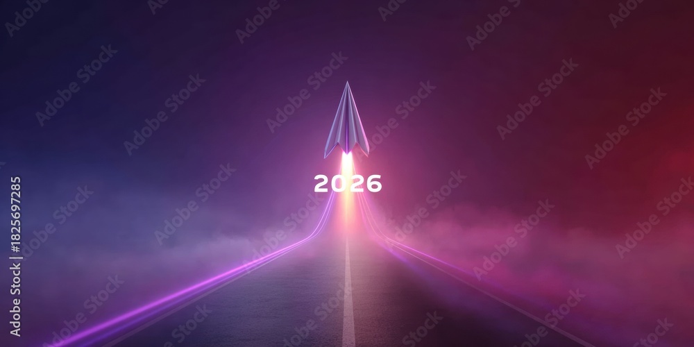 Fototapeta premium Paper Airplane Rocket Launching Towards 2026 On Futuristic Road With Neon Smoke Trails, Startup Growth Concept