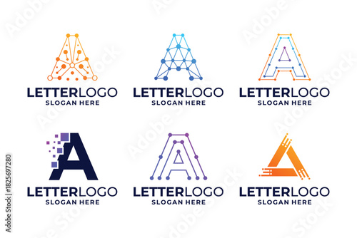Set of letter A logo design with tech, circuit, connect logo concept