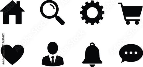 Set of simple web interface icons including home, search, settings, shopping cart, heart, user, notification bell, and chat bubble symbols