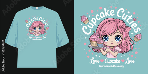 cupcake cutie cute cartoon girl anime illustration pink hair sweet food dessert graphic t shirt design vector illustration artwork
