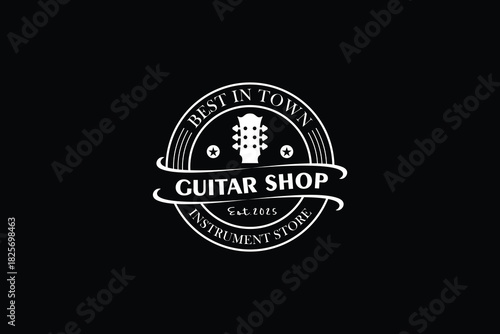 Guitar emblem logo design. Music instrument shop logo