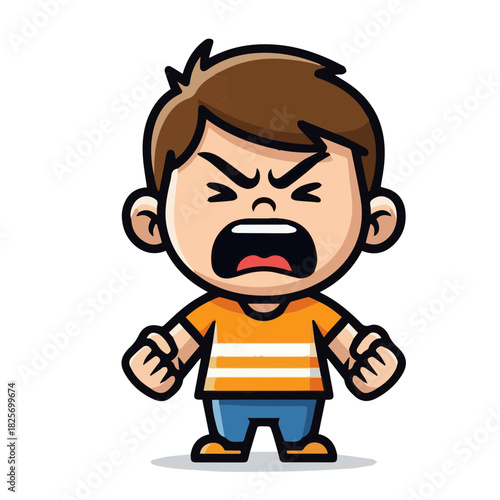 Close-up vector illustration of a boy's head with an intense, furious expression, mouth wide open screaming. Represents extreme anger, tantrum, or frustration.