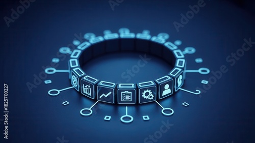 Digital interface elements form a glowing ring structure on a dark background