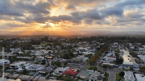 Aerial Sunset Flyover of Gold Coast Waterfront Suburbs
