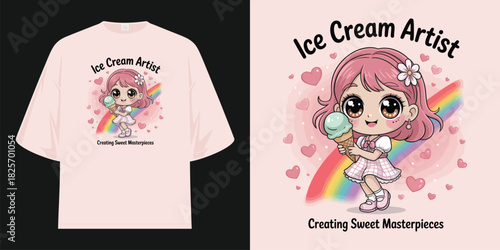 ice cream artist creating sweet masterpieces cute anime girl rainbow hearts cone t shirt design vector illustration artwork
