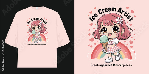 ice cream artist creating sweet masterpieces cute anime girl rainbow hearts cone t shirt design vector illustration artwork

