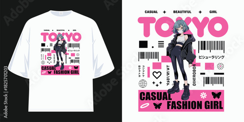 tokyo street fashion blue hair anime girl casual beautiful urban style t shirt design vector illustration artwork
