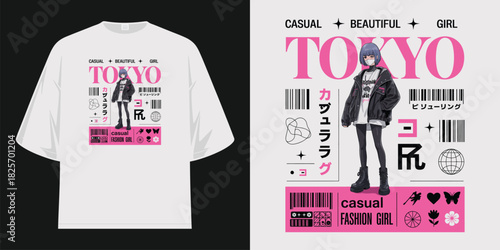 tokyo street fashion blue hair anime girl casual beautiful urban style t shirt design vector illustration artwork
