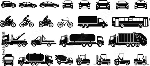 Silhouette set of transportation vehicles including cars, motorcycles, bicycles, vans, buses, tow trucks, tankers, garbage trucks, forklifts and construction machines, vector icons collection
