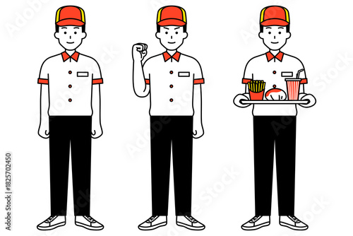 ファストフード店の男性店員　全身ポーズセット