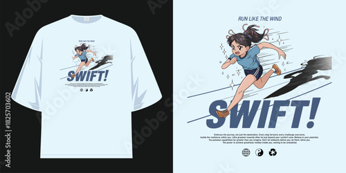 anime girl running fast motion blur action athletic lifestyle swift run like the wind t shirt design vector illustration artwork

