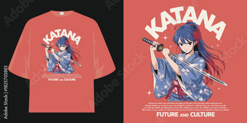 anime girl with katana japanese samurai warrior traditional kimono future culture t shirt design vector illustration artwork
