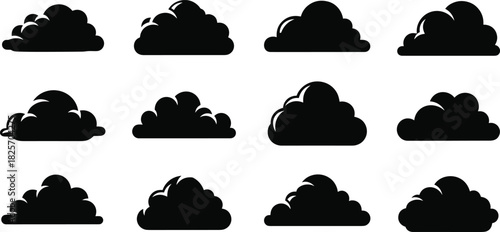 Set of fluffy cloud silhouette icons, minimalist weather graphic collection, black vector shapes for sky, forecast, nature design, editable illustration pack