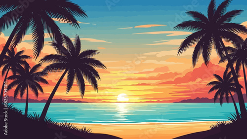 Idyllic tropical beach getaway scene with silhouetted palm trees against a vibrant, colorful sunset over the ocean