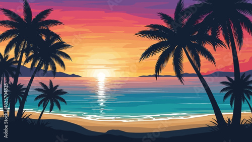 Sunset over tropical beach with palm trees silhouettes creating a beautiful seaside landscape at dusk