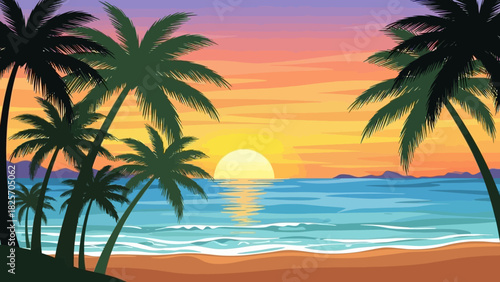 Vibrant tropical beach sunset with silhouetted palm trees and a radiant sun reflecting on calm ocean waves over a sandy shore, creating a peaceful and picturesque evening vista