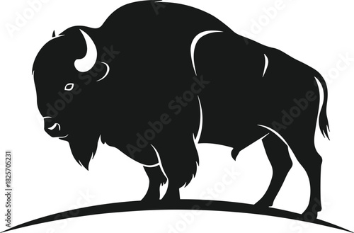 Silhouette buffalo standing on ground, strong wild bison animal illustration for logo, wildlife emblem, farm branding, nature conservation, American prairie vector design