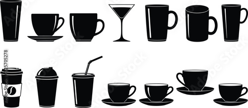 Silhouette collection of drink cups, coffee mugs, tea cups, takeaway beverages, cocktail glass, modern vector icons for cafe menu, bar and restaurant design