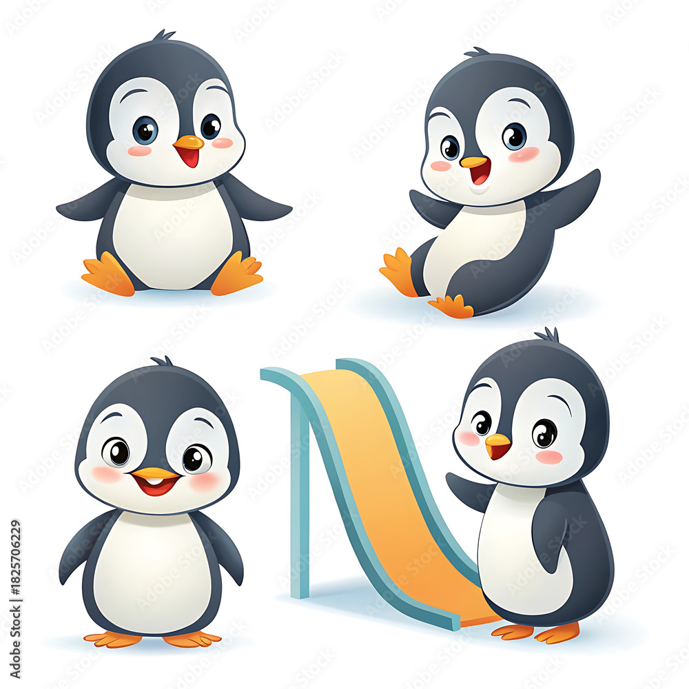 Fototapeta premium Cartoon Penguins with Sitting, Waving and Sliding Poses