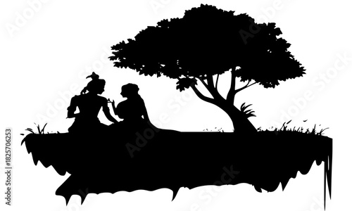 Radha Krishna scene silhouette, black vector art of couple under tree on floating land, spiritual devotion, eternal love mythology graphic design element