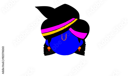 Abstract Lord Krishna face icon, minimal blue head portrait, modern flat design Hindu deity avatar, vibrant colors vector illustration, spiritual graphic design element