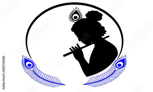 Lord Krishna silhouette playing flute in circular frame, vector logo icon with blue peacock feathers, spiritual devotion graphic design element, Janmashtami festival symbol