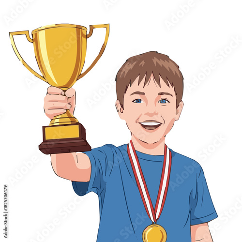 Vector illustration of a young man or older boy proudly raising a gold trophy and wearing a medal. Represents achievement, success, victory, and competition.