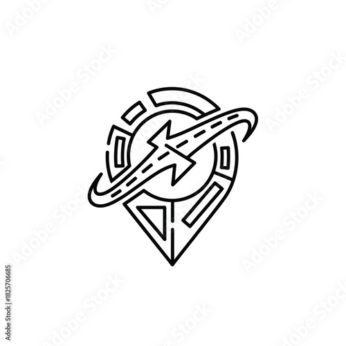 Abstract line art icon of a location pin with a fast-moving road and a lightning bolt, symbolizing swift navigation, efficient routes, and advanced digital mapping technology