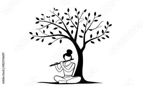 Lord Krishna playing flute under tree silhouette, black and white vector line art, minimal traditional Indian music illustration, spiritual devotion graphic design 