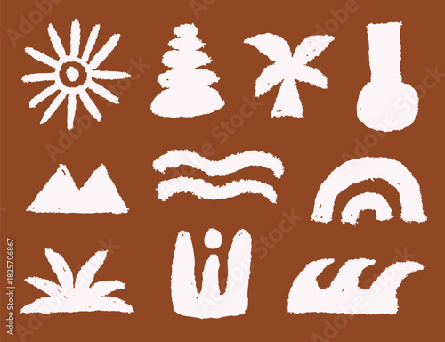 Boho abstract sun arch and geometric organic shapes with stamp texture white on terracotta background for wall art or decoration