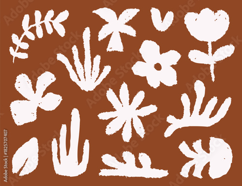 White organic botanical leaves and abstract flower shapes with linocut texture style on burnt orange background