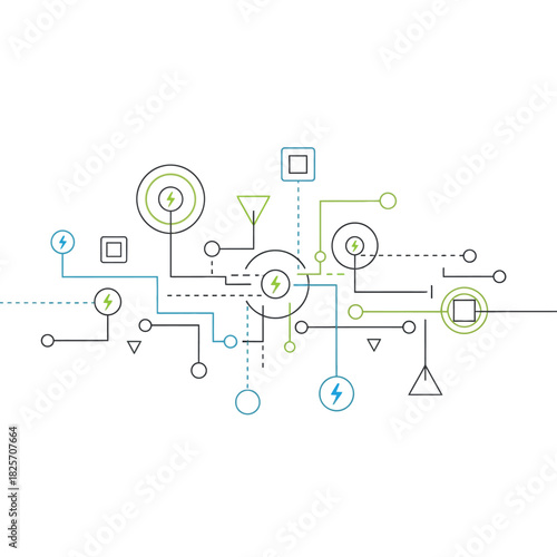 Abstract Technological Scheme Illustration with Geometric Shapes and Energy Symbols