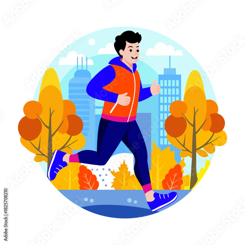 A flat style illustration of man jogging early morning 