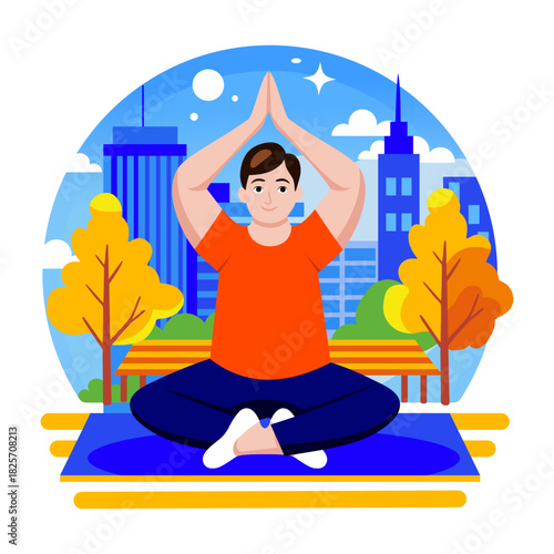 A flat style illustration of man doing yoga meditation outside