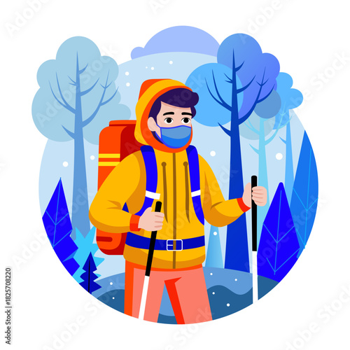 A flat style illustration of backpacker trekking 