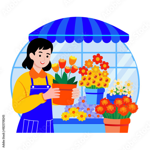 Flat style illustration of florist arranging colorful fresh flowers