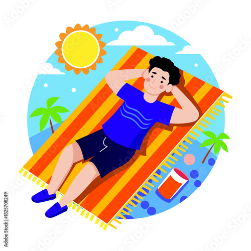 A flat style illustration of person sunbathing under bright sunshine