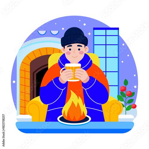 A flat style illustration of person relaxing in cozy evening indoors