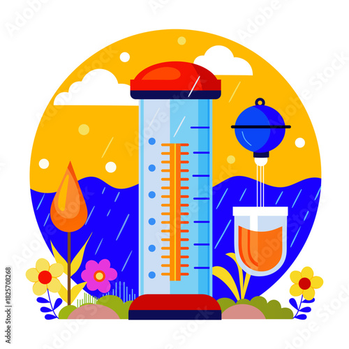 A flat style illustration of rain gauge measuring rainfall level