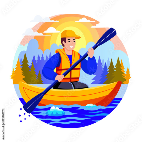 A flat style illustration of man paddling canoe in calm water