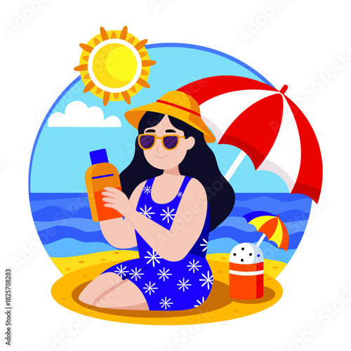 A flat style illustration of girl applying sunscreen at beach