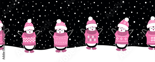 Penguins Enjoy Winter Holidays. Christmas Seamless Border. Happy Baby Penguins in Pink Christmas Sweaters, Hats. Cute Birds under Snowing. Vector illustration in Pink, White on Black Background