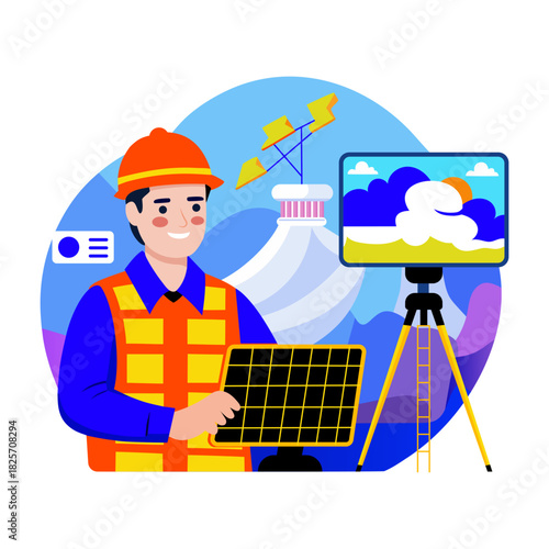 A flat style illustration of meteorologist analyzing climate data screen 