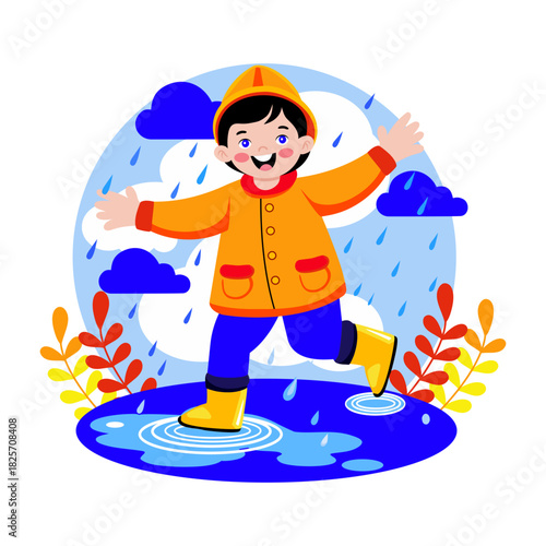 A flat style illustration of boy jumping puddles enjoying rain