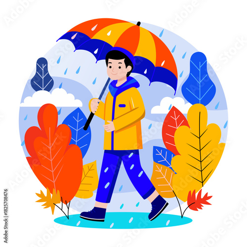 A flat style illustration of woman walking in raining season  