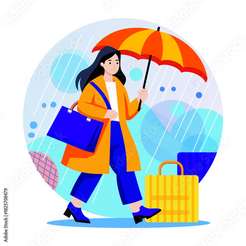 A flat style illustration of woman holding umbrella during rain