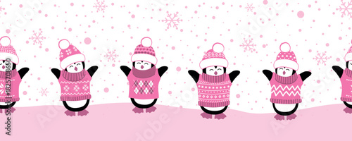Penguins Enjoy Winter Holidays. Christmas Seamless Border. Happy Baby Penguins in Pink Christmas Sweaters, Hats. Cute Birds. Snow, Snowlakes. Vector illustration in Pink, White on White Background