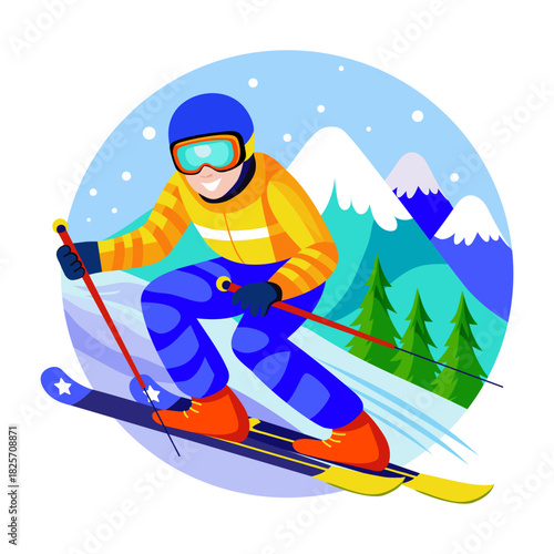 A flat style illustration of person snow skiing 